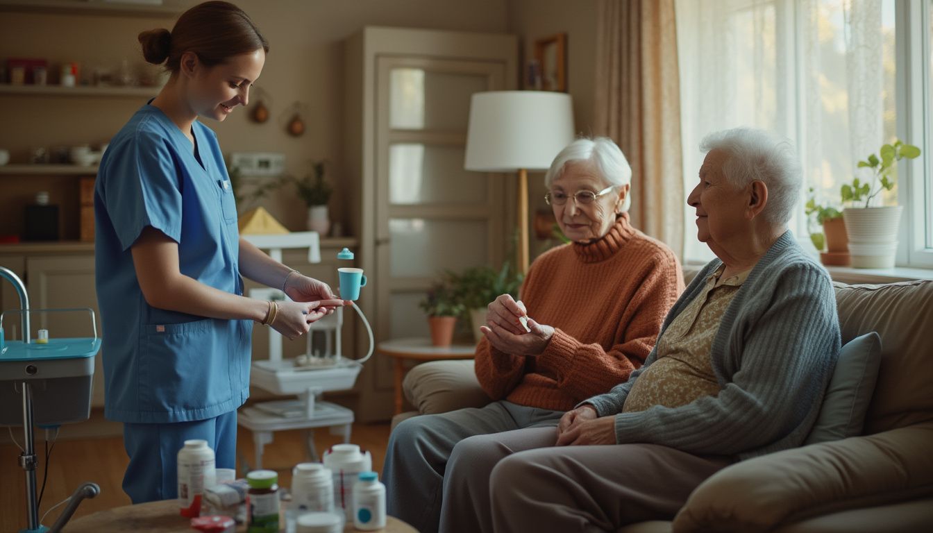 soins à domicile seniors : illustration d'une aide à domicile assistant une personne âgée dans sa maison