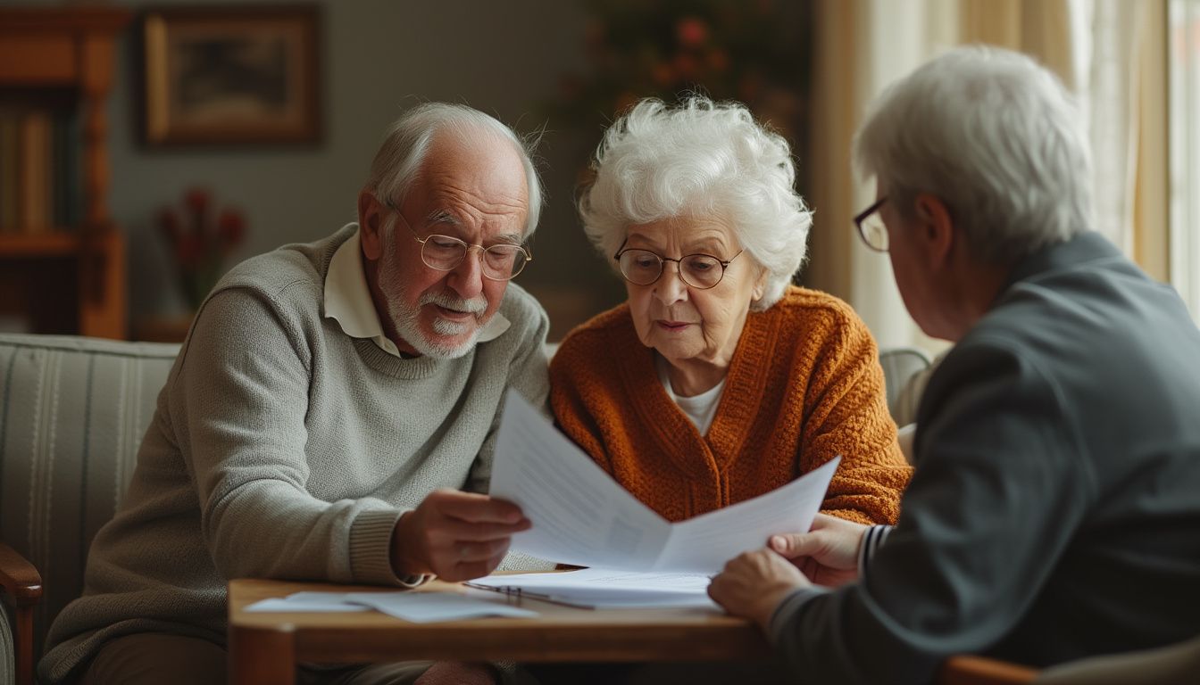 mutuelle santé senior : seniors consultant des documents sur leur couverture santé