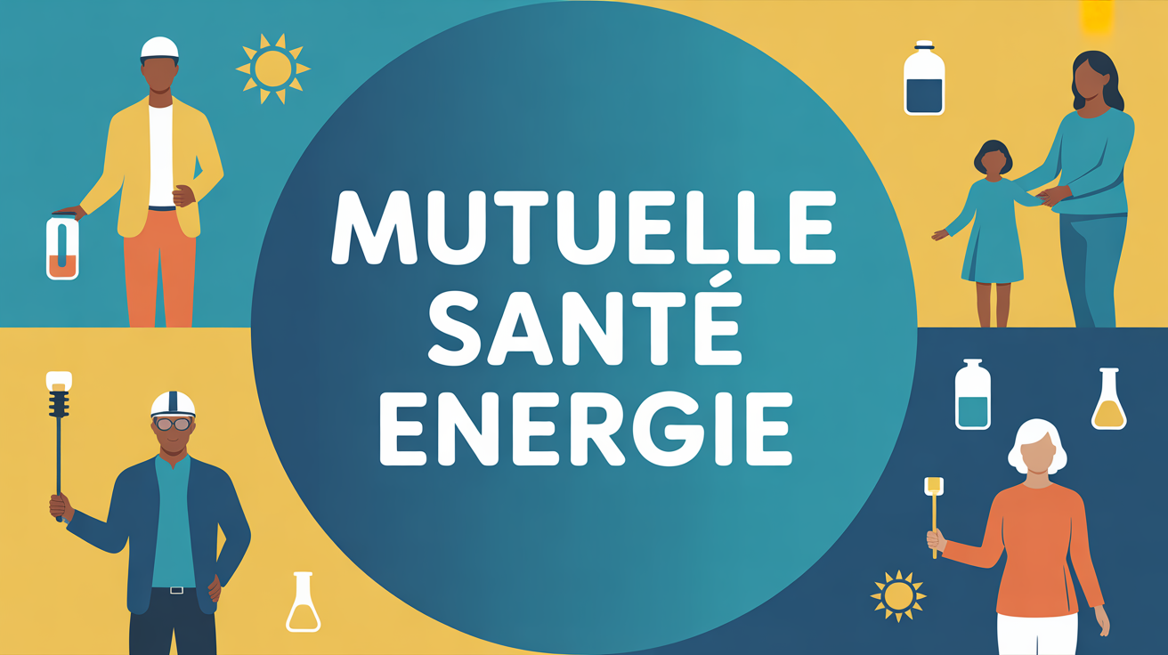 Visuel moderne mutuelle santé énergie, silhouettes agents, famille secteur IEG