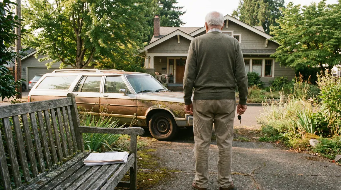 Assurance auto senior : voiture devant maison, documents, senior serein