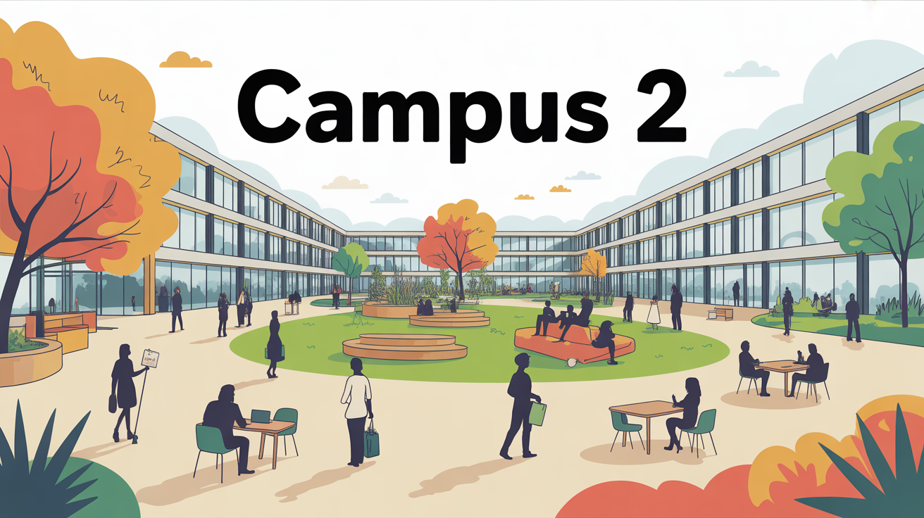 Vue Campus 2 moderne, ambiance chaleureuse, espaces coworking