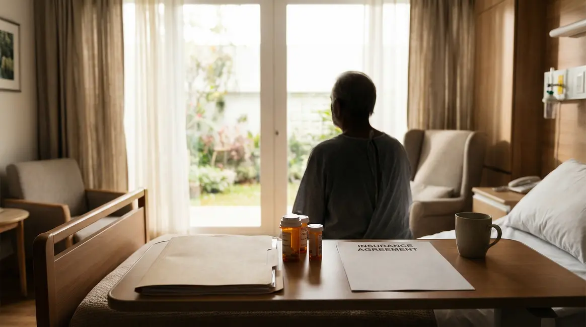 Chambre hôpital senior avec dossier médical et assurance