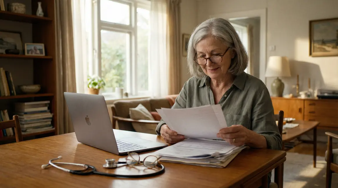 Senior vérifie ses documents de mutuelle santé après 70 ans dans son salon