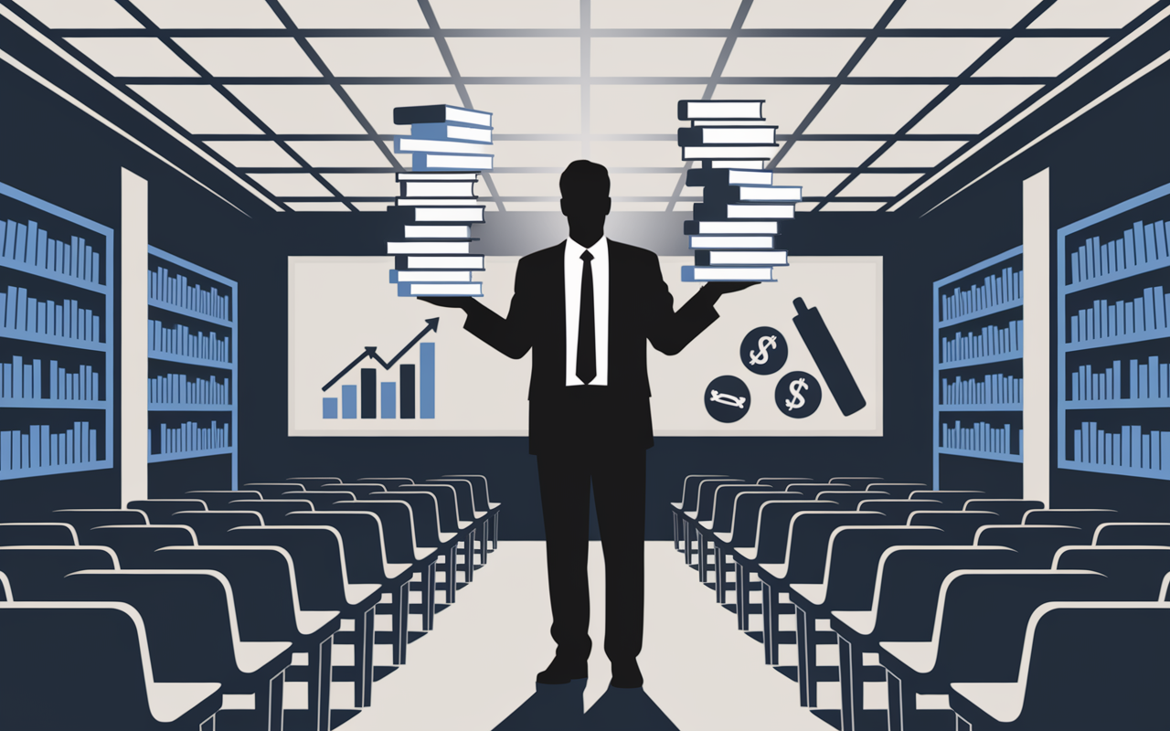 Professeur silhouette, livres, laurels et graphiques financiers sur fond conference