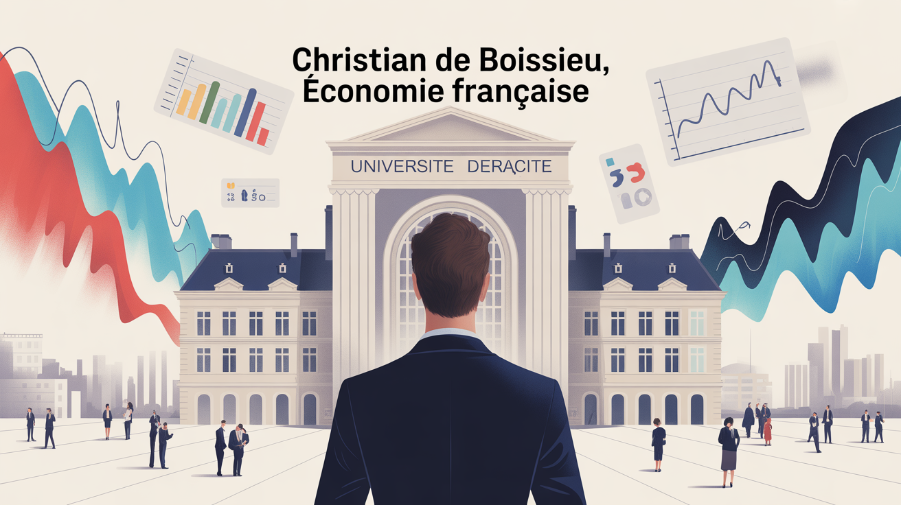 Portrait stylise Christian de Boissieu devant universite, graphiques financiers flottants