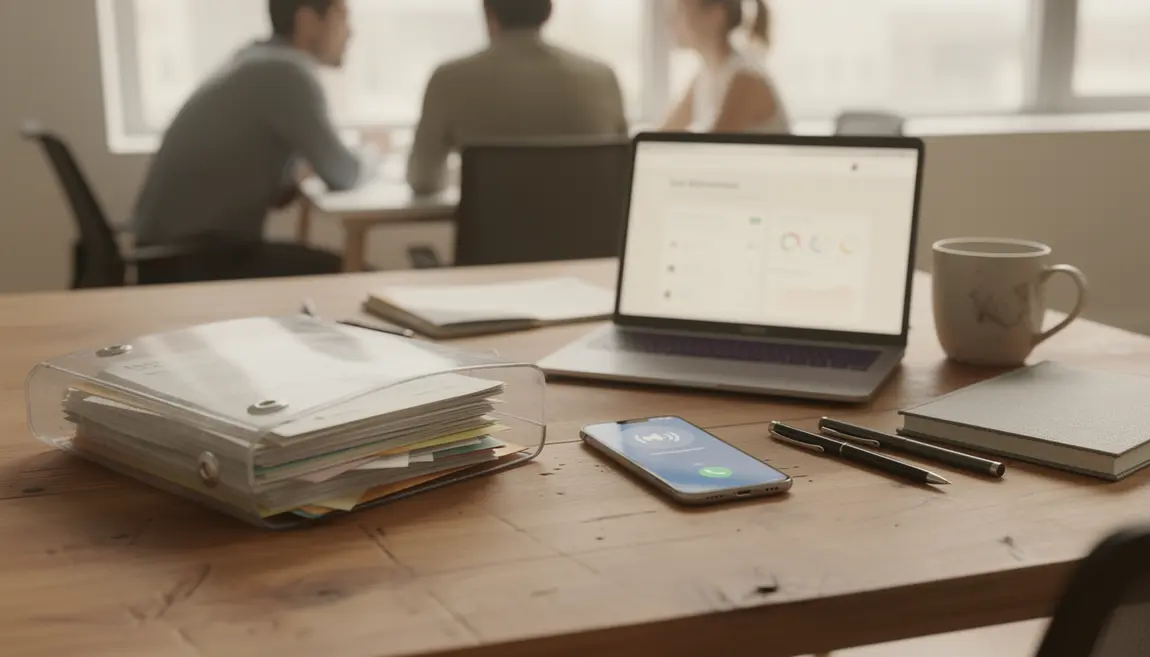 Préparer ses démarches retraite au bureau, téléphone, dossier, ordinateur