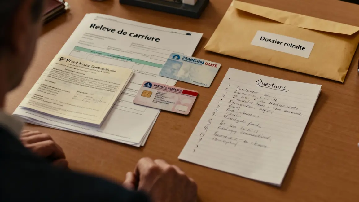 Dossier retraite prêt avec relevé de carrière, carte vitale, justificatif