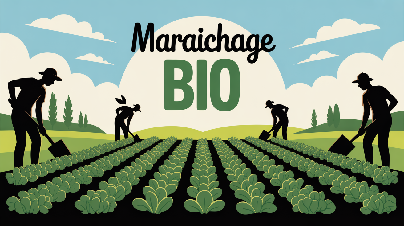 champ de maraîchage bio avec silhouettes et outils