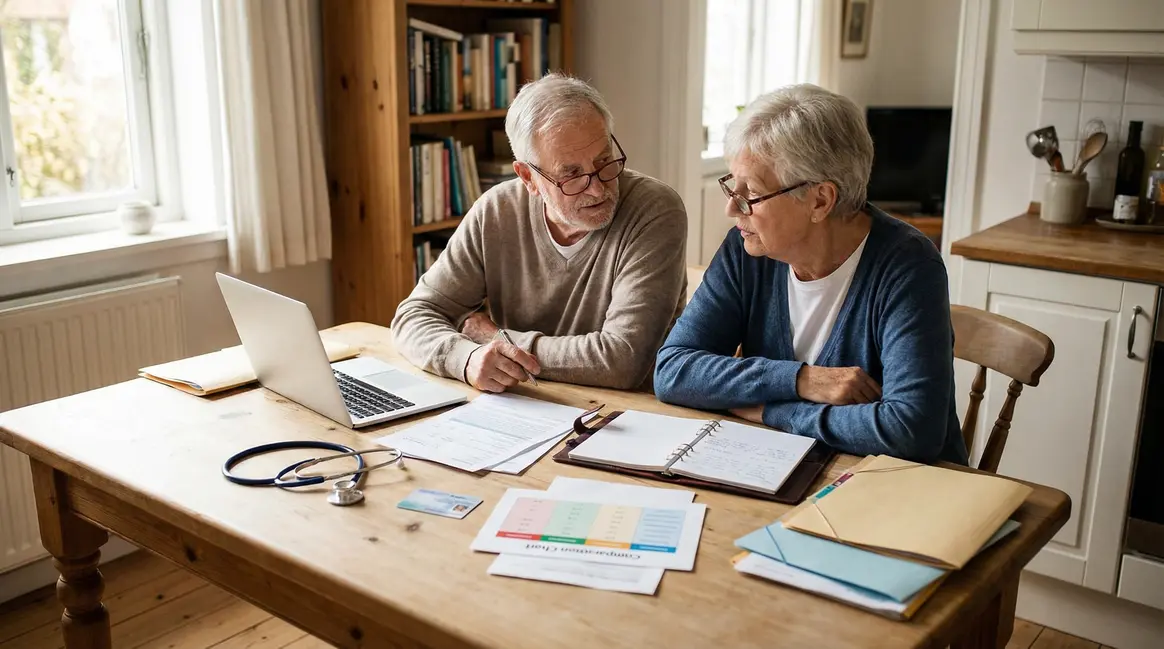 Couple senior discute mutuelle santé retraite à table