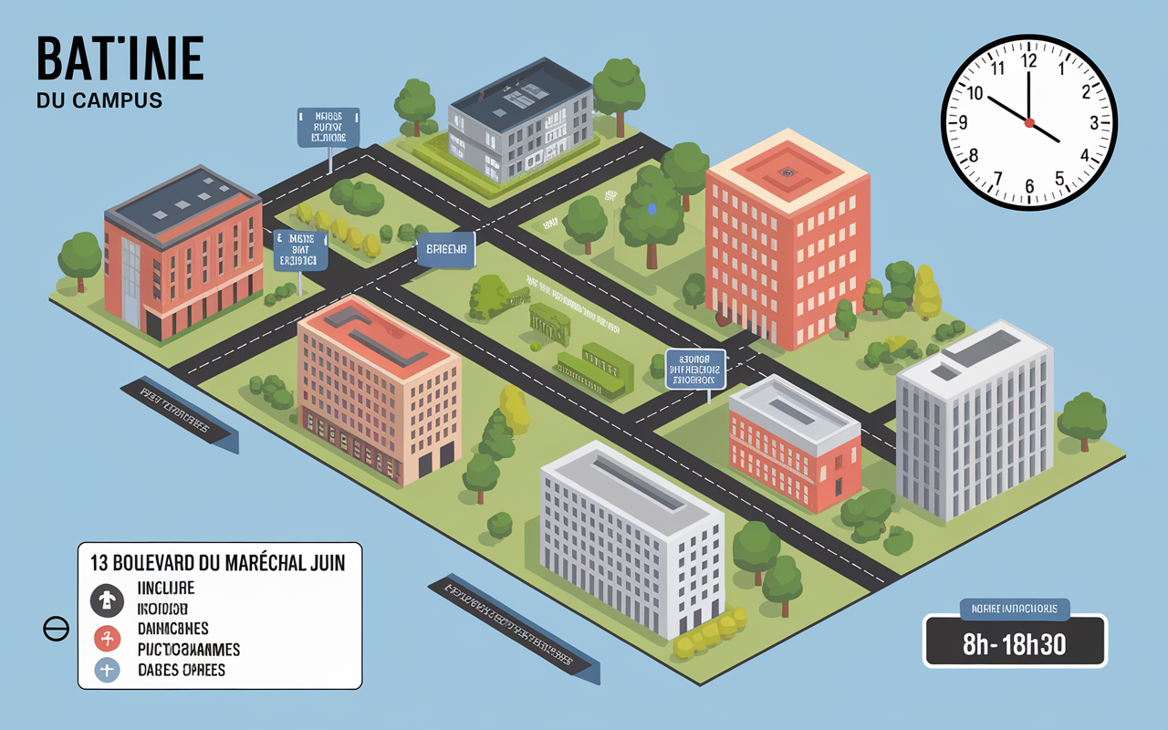 Plan stylisé Campus 2, accès PMR, horaires, adresse visible
