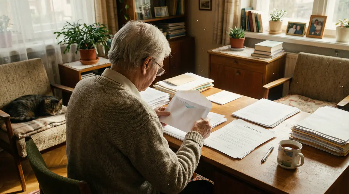 personne senior triant documents resiliation mutuelle