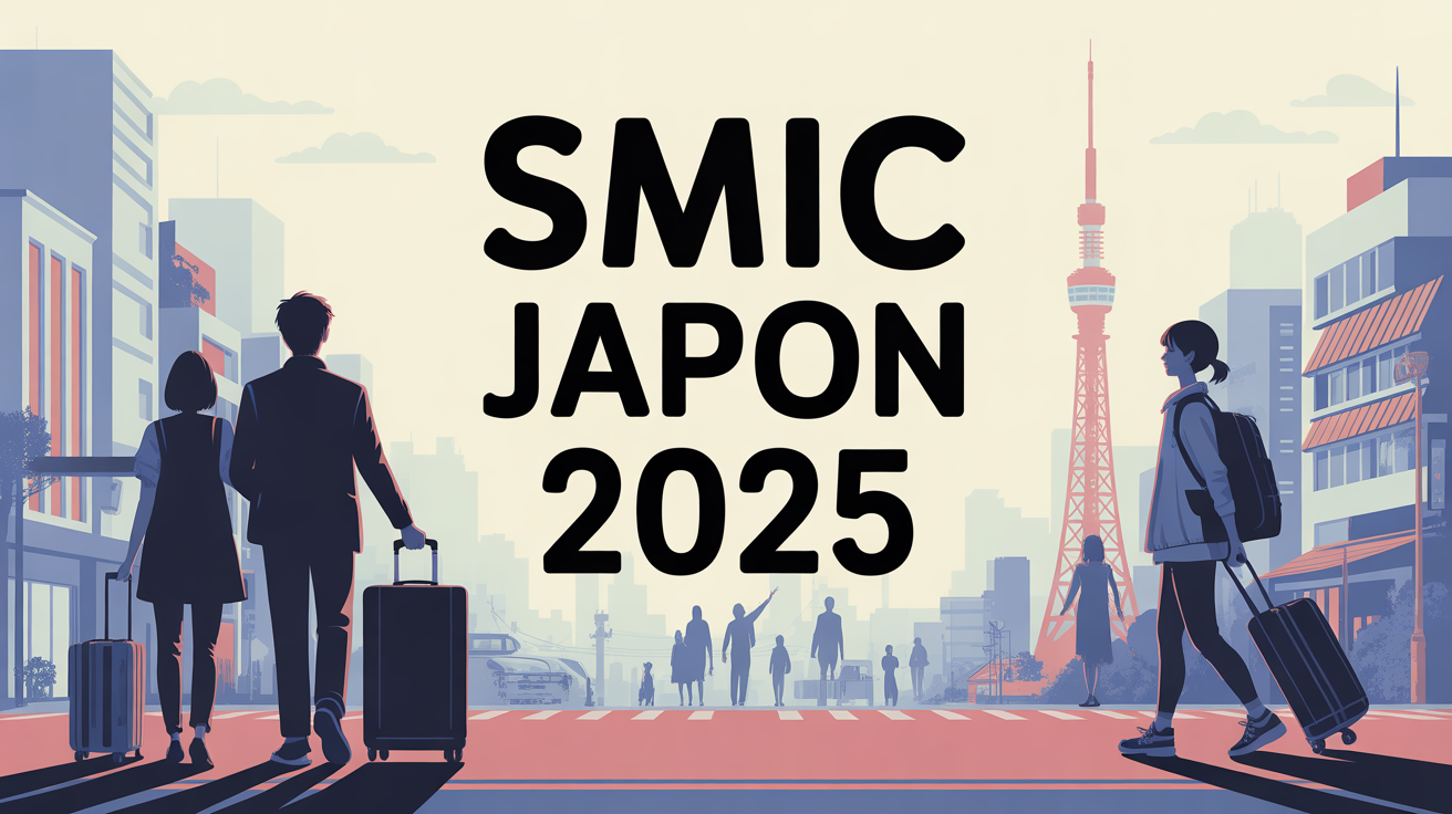 Illustration famille etudiant valises Tokyo SMIC Japon 2025