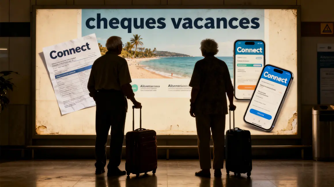 seniors devant affiche chèque vacances Carsat formats papier et connect