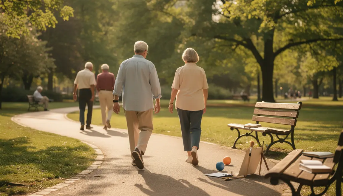 Seniors marchant dans un parc lumineux avec accesoires de loisirs