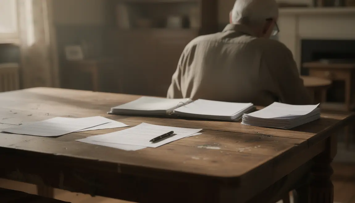 Personne rédigeant testament olographe sur table dossiers