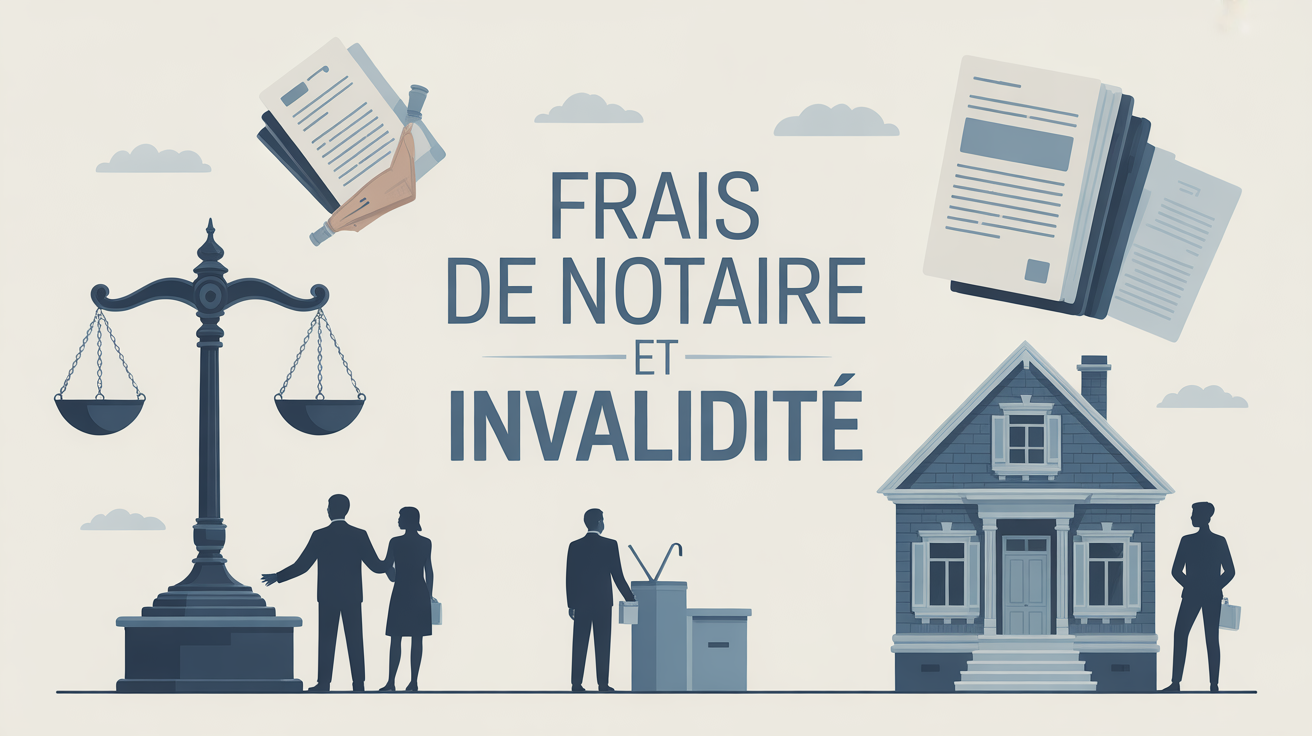 balance de justice avec papiers, maison et texte frais de notaire et invalidité