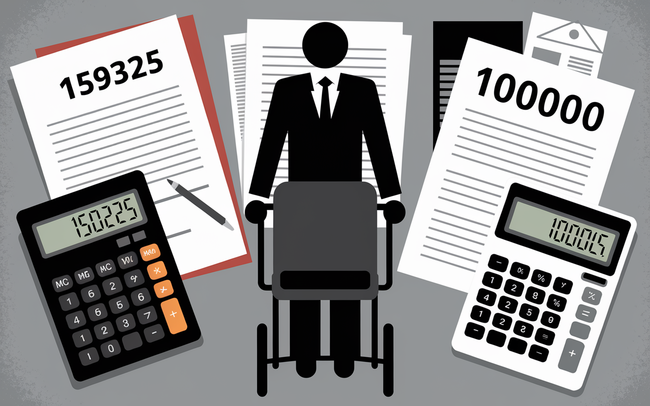 personne en fauteuil roulant avec documents et calcul frais de notaire et invalidité