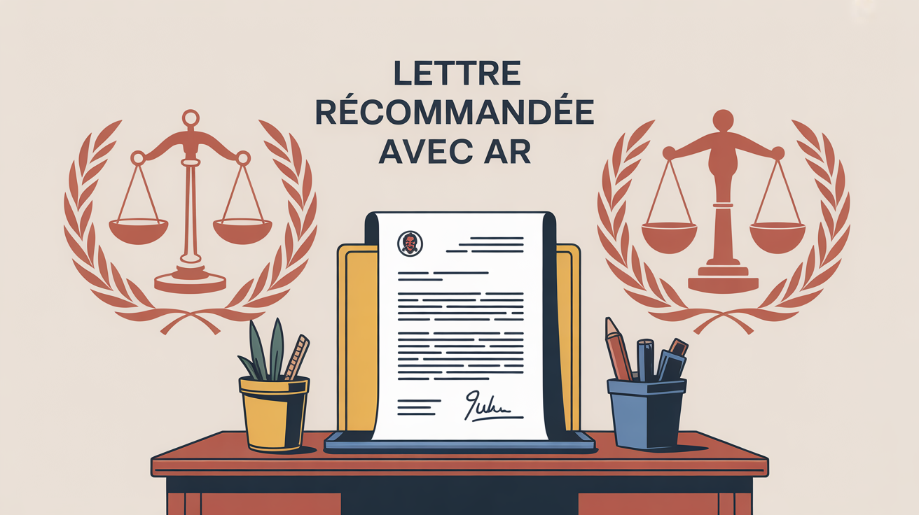 Lettre recommandee avec accuse de reception sur bureau avec symbole justice