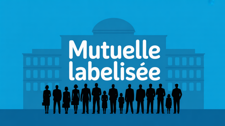 mutuelle labellisée silhouettes fonctionnaires famille bâtiment bleu