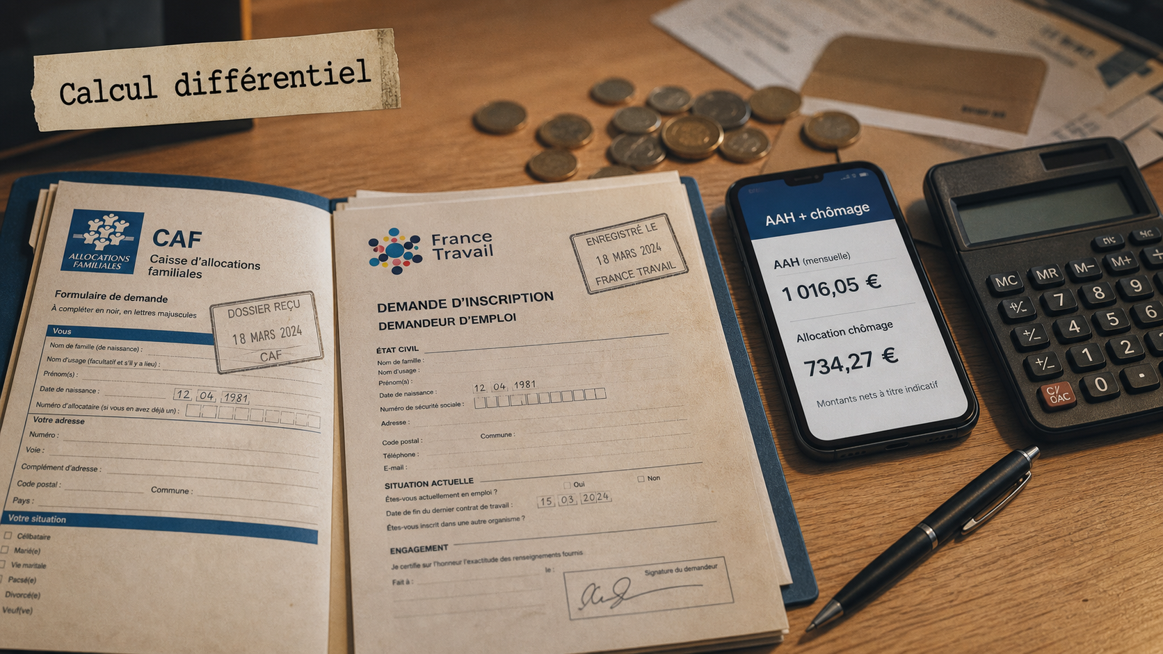 Photo : calcul AAH et chomage, CAF/France Travail et montants