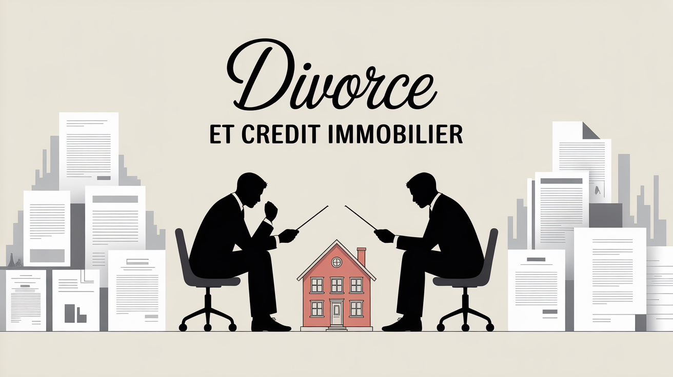 Divorce et crédit immobilier en cours, deux silhouettes dos à dos avec contrat et maison