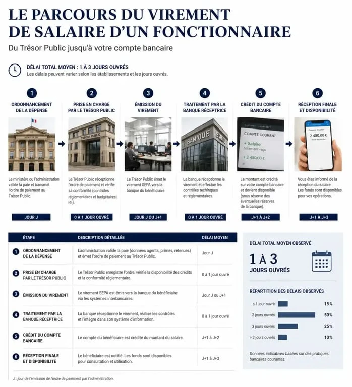 Schéma explicatif du parcours du virement de salaire des fonctionnaires de l'État vers les banques