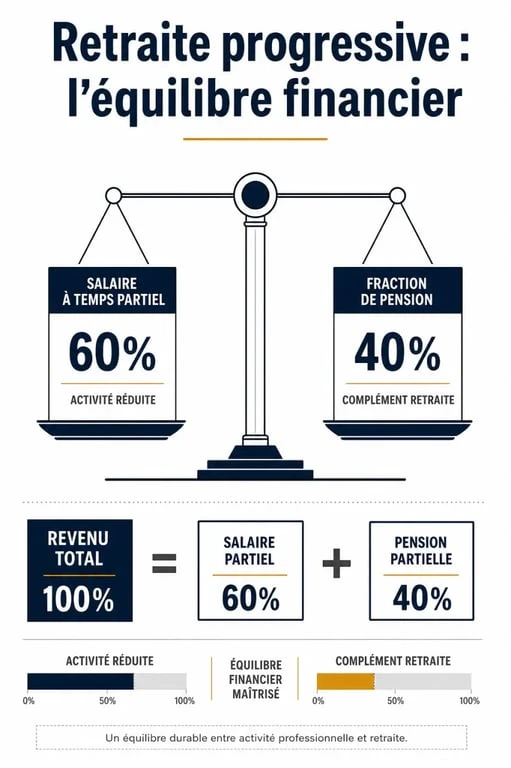 Infographie explicative du fonctionnement financier de la retraite progressive : cumuler salaire et pension pour maintenir son niveau de vie.
