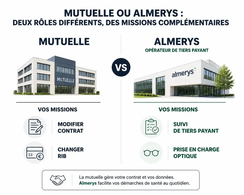 Infographie explicative : différence entre mutuelle et espace client Almerys pour le suivi de tiers payant