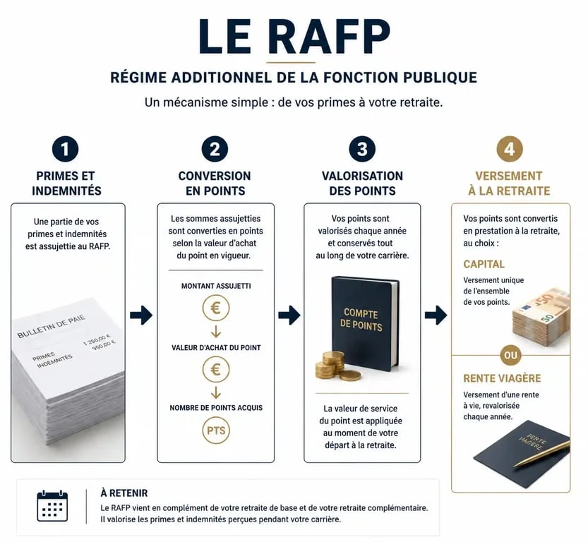Infographie explicative du fonctionnement de la Retraite Additionnelle de la Fonction Publique RAFP