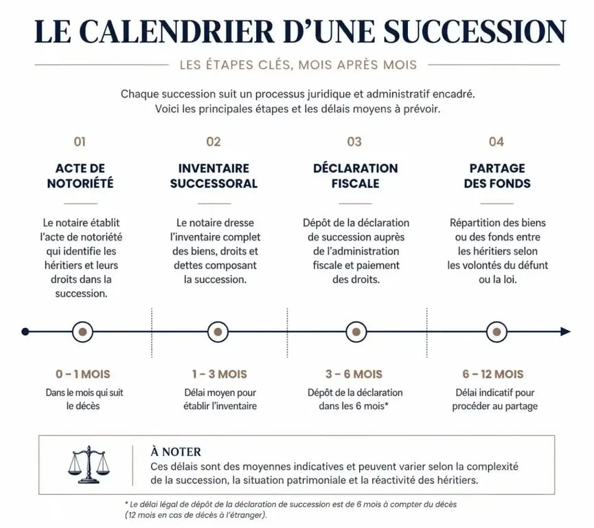 Schéma des étapes et délais pour toucher l'argent d'une succession