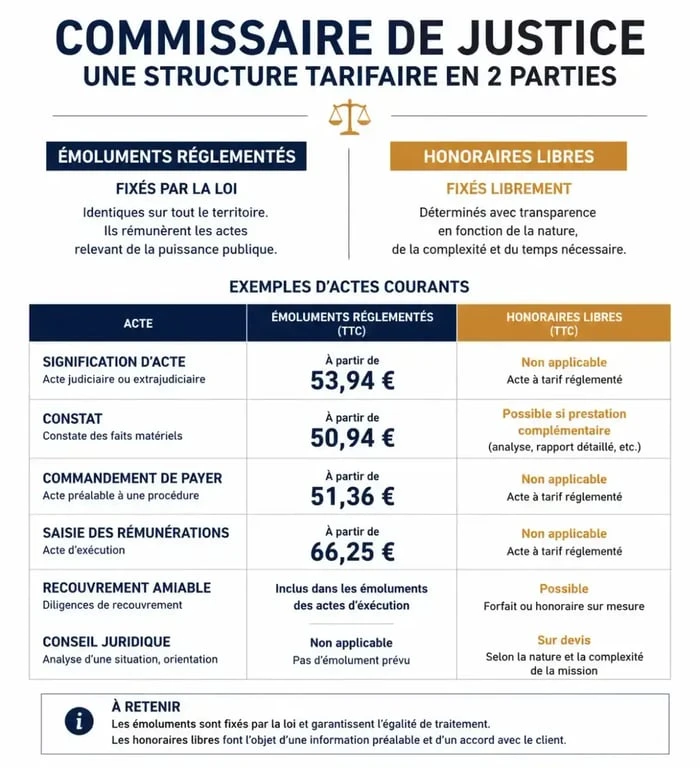 Infographie sur le prix d'un huissier et la structure des tarifs des commissaires de justice
