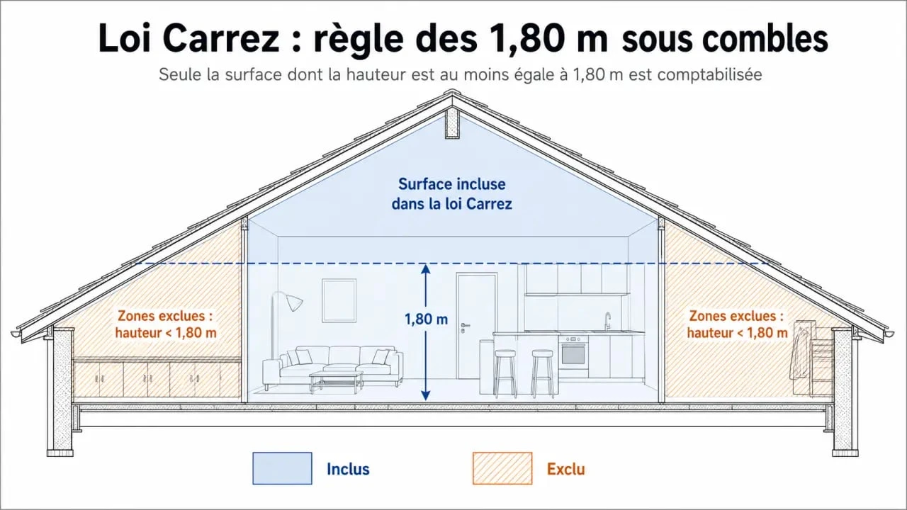 Schéma explicatif de la règle des 1,80 mètre pour le calcul de la surface privative d'un bien immobilier loi Carrez
