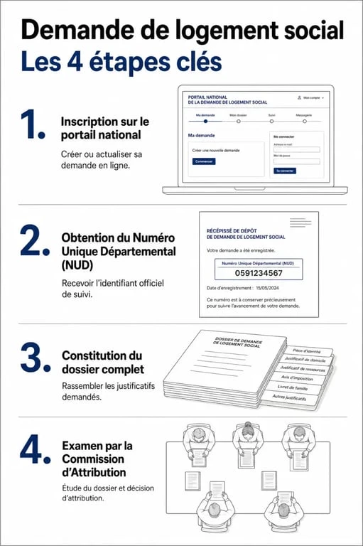 Schéma des étapes pour effectuer une demande de logement social chez Plurial Novilia