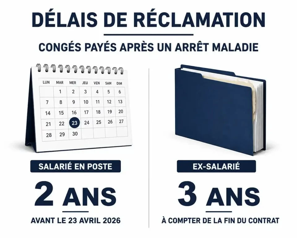 Infographie des délais de réclamation des congés payés après un arrêt maladie