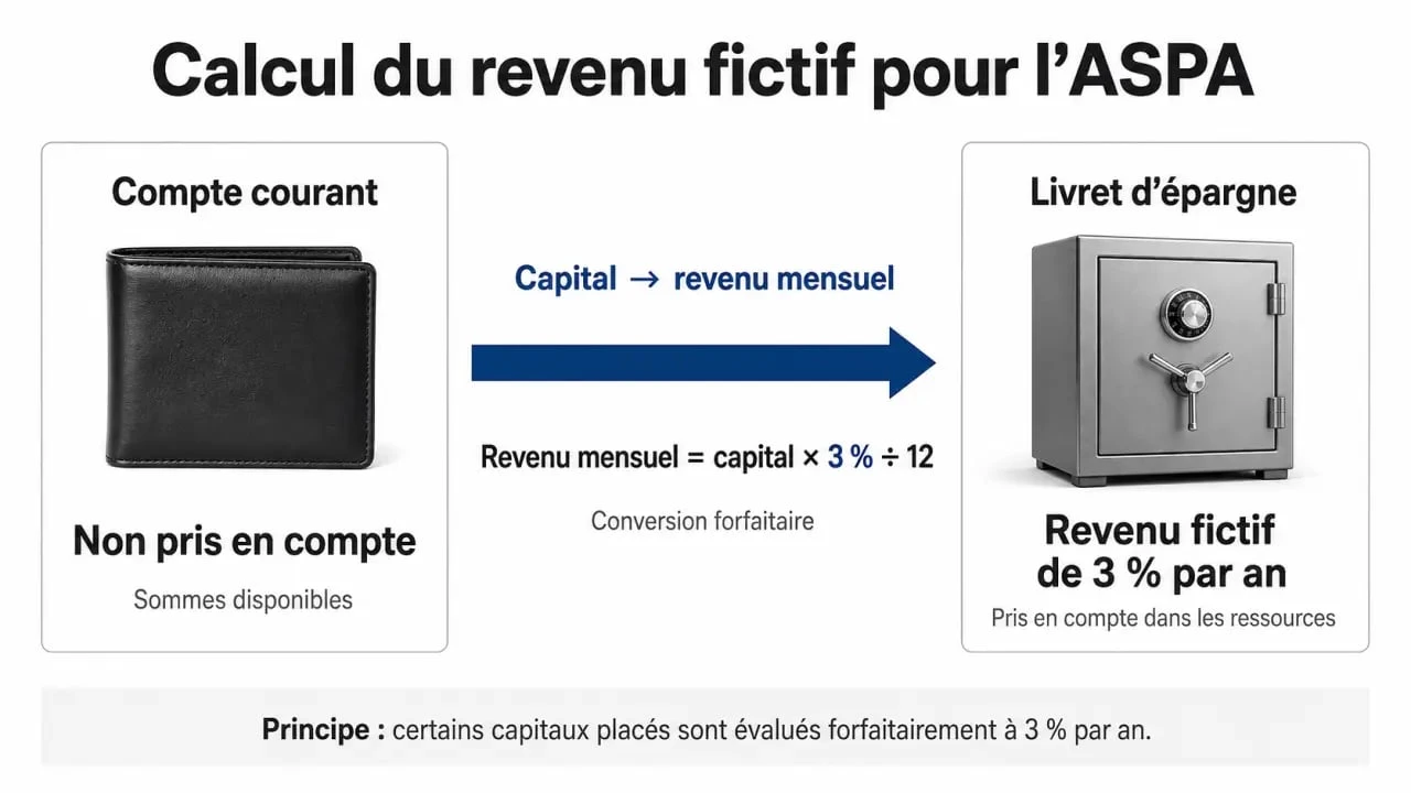 Infographie explicative du calcul de l'ASPA et de l'impact des placements financiers sur le montant de l'allocation