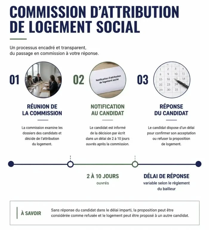 Infographie du processus et des délais d'une commission d'attribution de logement social