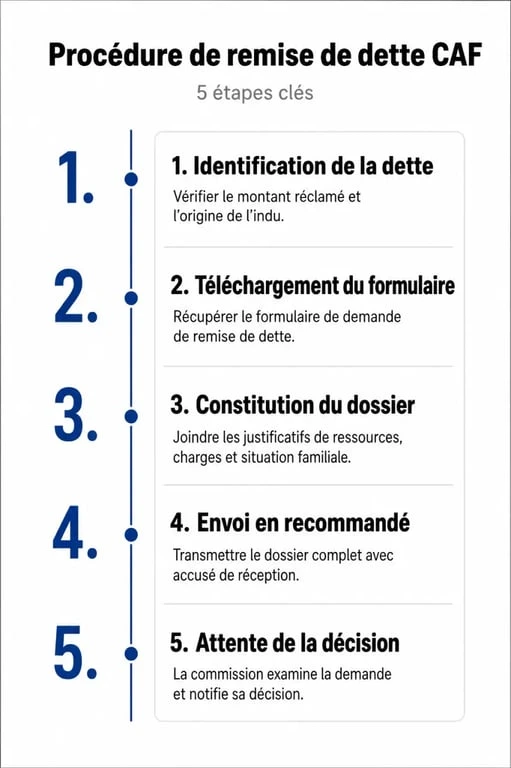 Infographie des étapes pour demander une remise de dette CAF formulaire