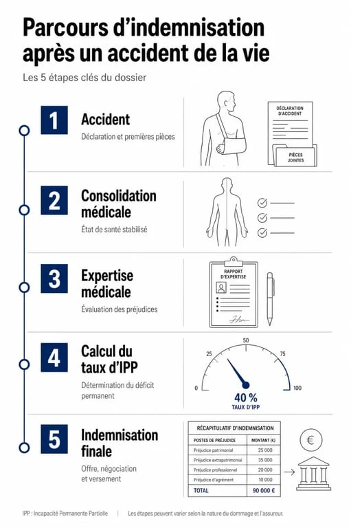 Infographie des étapes du parcours d'indemnisation et calcul du taux d'IPP après un accident de la vie