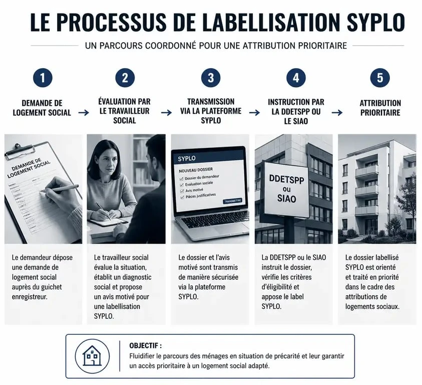 Schéma du processus de labellisation SYPLO pour l'accès au logement social prioritaire