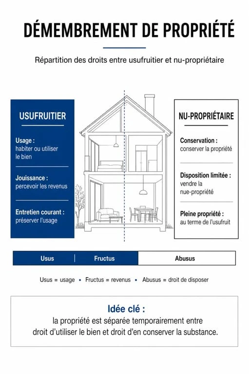 Infographie comparant les droits de l'usufruitier et du nu-propriétaire en cas de démembrement de propriété