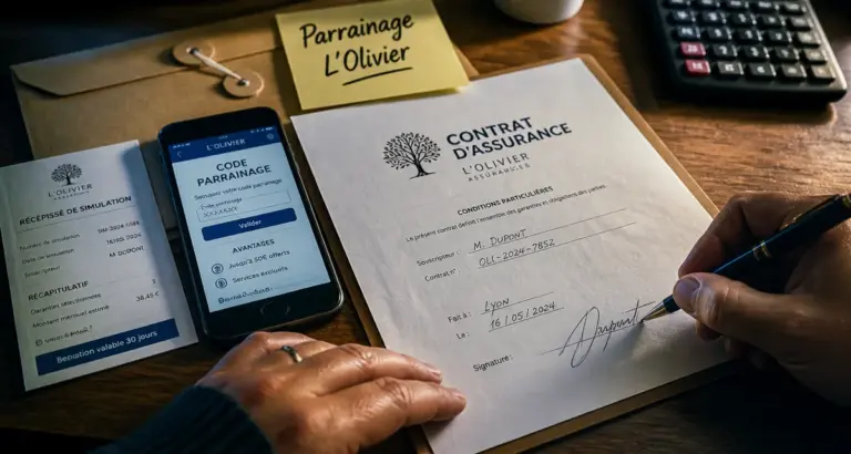 parrainage l'olivier assurance : code parrainage sur smartphone et contrat signé