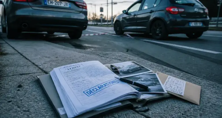 Pas de constat pas de preuve : dossier de sinistre après accident, dossier ouvert et documents.