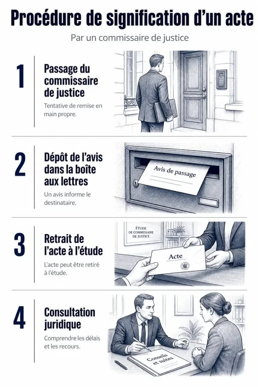 Infographie des étapes à suivre après réception d'un avis de passage d'huissier ou commissaire de justice