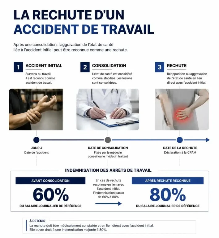Infographie explicative du calcul des indemnités journalières en cas de rechute d'accident de travail