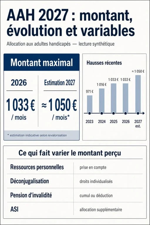 Infographie AAH 2027 avec montant estimé, conditions et évolution des barèmes