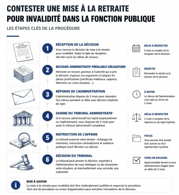 Infographie des étapes de contestation d'une retraite pour invalidité dans la fonction publique