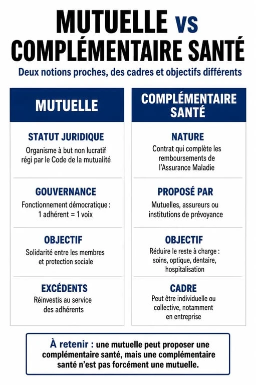 Infographie comparative entre mutuelle et complémentaire santé pour comprendre les différences