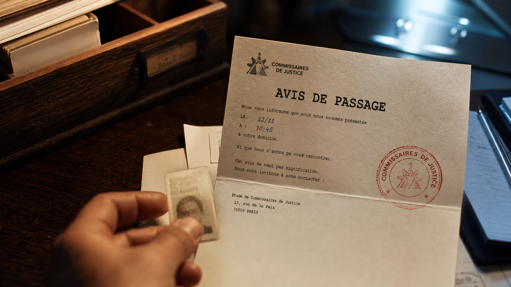 Exemple avis de passage huissier : avis de passage du commissaire de justice sur papier