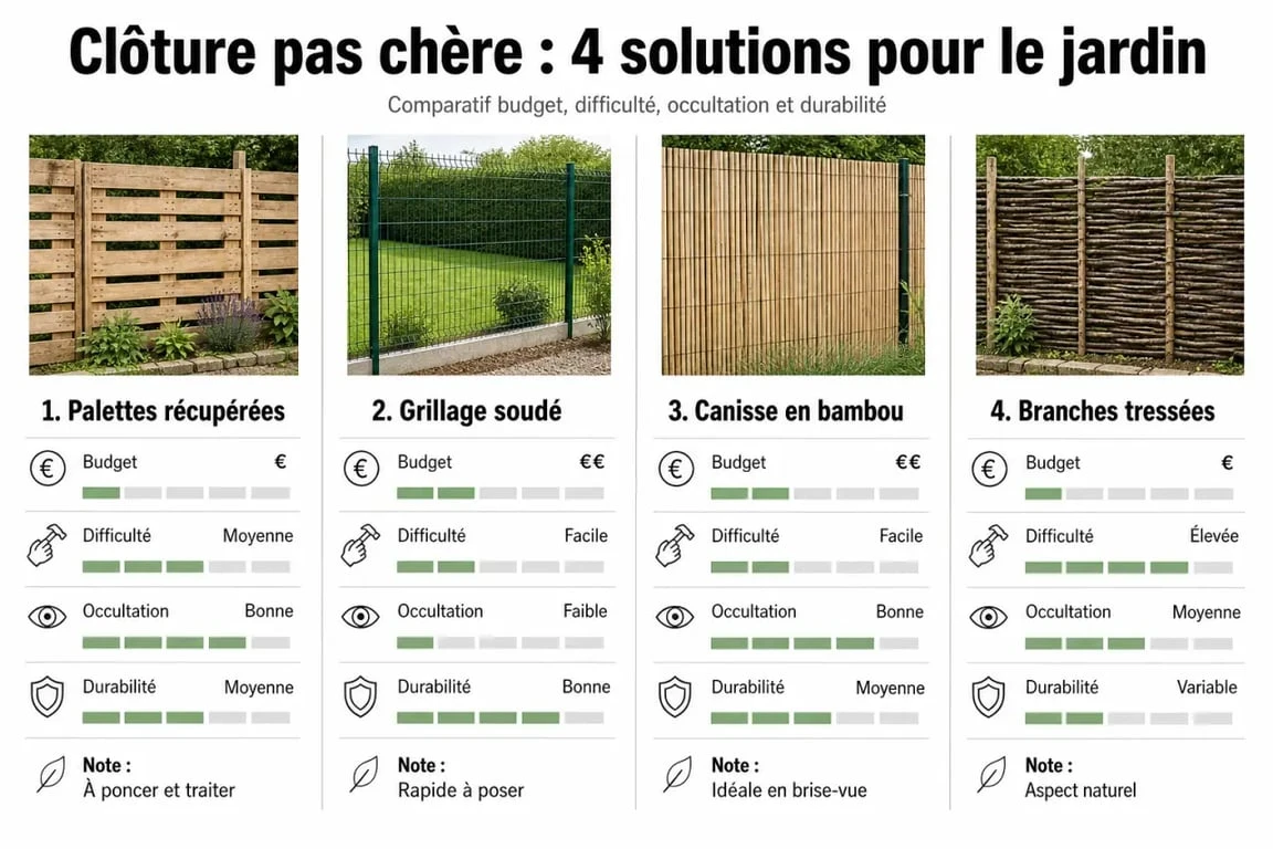Faire une clôture pas cher : comparatif visuel des solutions DIY pour jardin, terrasse et potager