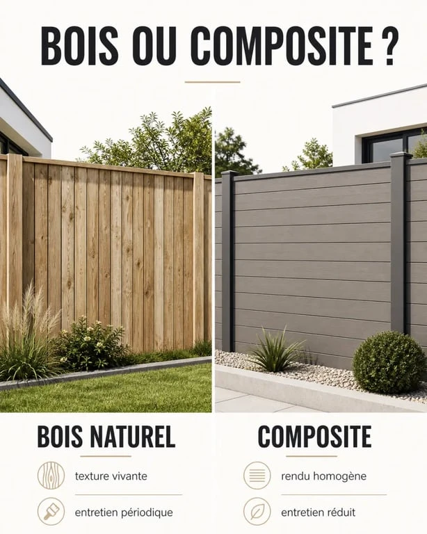 Comparatif clôture bois ou composite dans un jardin résidentiel, bois naturel à gauche et composite homogène à droite